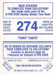 1984-85 O-Pee-Chee Stickers #274 Tony Tanti Back