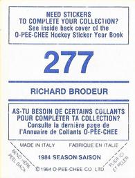 1984-85 O-Pee-Chee Stickers #277 Richard Brodeur Back