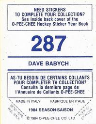 1984-85 O-Pee-Chee Stickers #287 Dave Babych Back