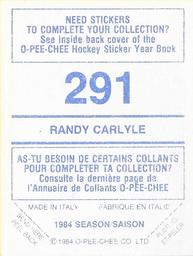 1984-85 O-Pee-Chee Stickers #291 Randy Carlyle Back