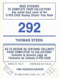 1984-85 O-Pee-Chee Stickers #292 Thomas Steen Back