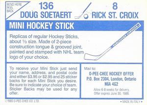 1985-86 O-Pee-Chee Stickers #8 / 136 Rick St. Croix / Doug Soetaert Back