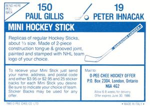 1985-86 O-Pee-Chee Stickers #19 / 150 Peter Ihnacak / Paul Gillis Back