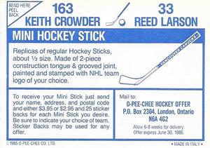 1985-86 O-Pee-Chee Stickers #33 / 163 Reed Larson / Keith Crowder Back