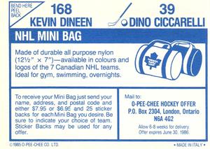 1985-86 O-Pee-Chee Stickers #39 / 168 Dino Ciccarelli / Kevin Dineen Back