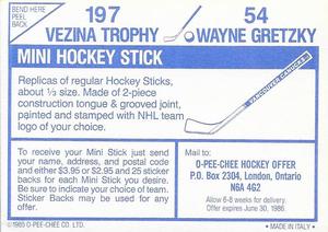 1985-86 O-Pee-Chee Stickers #54 / 197 Wayne Gretzky / Vezina Trophy Back