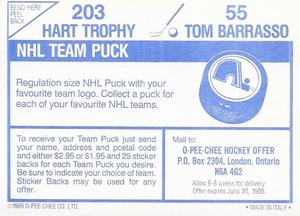 1985-86 O-Pee-Chee Stickers #55 / 203 Tom Barrasso / Hart Trophy Back
