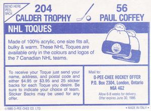 1985-86 O-Pee-Chee Stickers #56 / 204 Paul Coffey / Calder Trophy Back