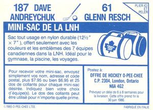 1985-86 O-Pee-Chee Stickers #61 / 187 Glenn Resch / Dave Andreychuk Back