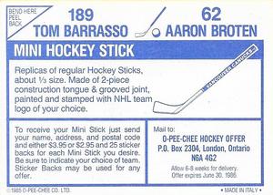 1985-86 O-Pee-Chee Stickers #62 / 189 Aaron Broten / Tom Barrasso Back