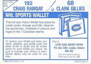 1985-86 O-Pee-Chee Stickers #68 / 192 Clark Gillies / Craig Ramsay Back