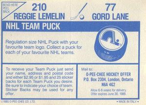 1985-86 O-Pee-Chee Stickers #77 / 210 Gord Lane / Reggie Lemelin Back