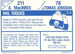 1985-86 O-Pee-Chee Stickers #78 / 211 Tomas Jonsson / Al MacInnis Back