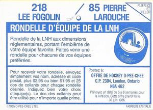 1985-86 O-Pee-Chee Stickers #85 / 218 Pierre Larouche / Lee Fogolin Back