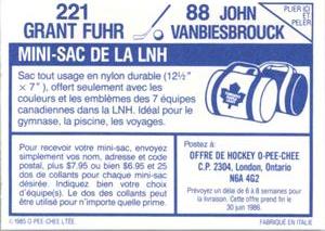 1985-86 O-Pee-Chee Stickers #88 / 221 John Vanbiesbrouck / Grant Fuhr Back