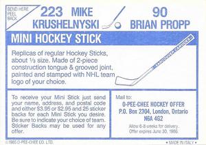 1985-86 O-Pee-Chee Stickers #90 / 223 Brian Propp / Mike Krushelnyski Back