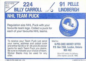 1985-86 O-Pee-Chee Stickers #91 / 224 Pelle Lindbergh / Billy Carroll Back