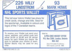 1985-86 O-Pee-Chee Stickers #93 / 226 Mark Howe / Willy Lindstrom Back