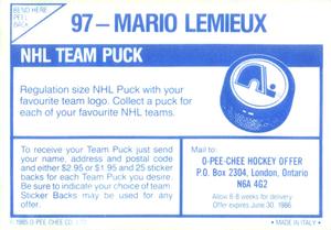 1985-86 O-Pee-Chee Stickers #97 Mario Lemieux Back