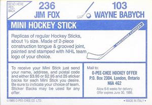 1985-86 O-Pee-Chee Stickers #103 / 236 Wayne Babych / Jim Fox Back