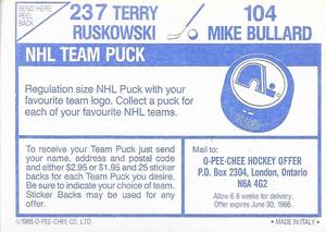 1985-86 O-Pee-Chee Stickers #104 / 237 Mike Bullard / Terry Ruskowski Back