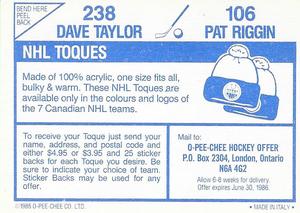 1985-86 O-Pee-Chee Stickers #106 / 238 Pat Riggin / Dave Taylor Back