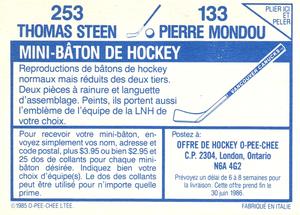 1985-86 O-Pee-Chee Stickers #133 / 253 Pierre Mondou / Thomas Steen Back
