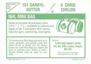 1986-87 O-Pee-Chee Stickers #6 / 151 Chris Chelios / Darryl Sutter Back