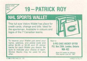 1986-87 O-Pee-Chee Stickers #19 Patrick Roy Back