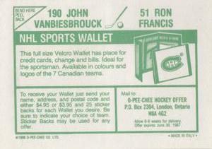 1986-87 O-Pee-Chee Stickers #51 / 190 Ron Francis / John Vanbiesbrouck Back