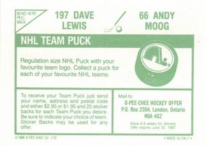 1986-87 O-Pee-Chee Stickers #66 / 197 Andy Moog / Dave Lewis Back