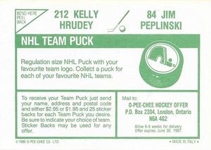 1986-87 O-Pee-Chee Stickers #84 / 212 Jim Peplinski / Kelly Hrudey Back