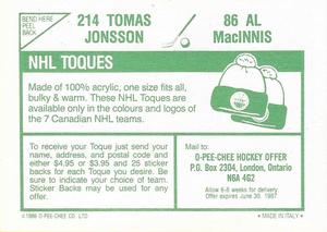 1986-87 O-Pee-Chee Stickers #86 / 214 Al MacInnis / Tomas Jonsson Back