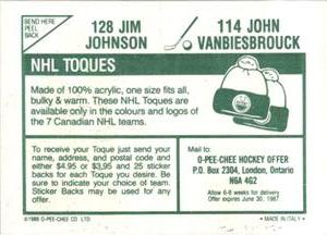 1986-87 O-Pee-Chee Stickers #114 / 128 John Vanbiesbrouck / Jim Johnson Back