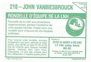 1986-87 O-Pee-Chee Stickers #218 John Vanbiesbrouck Back