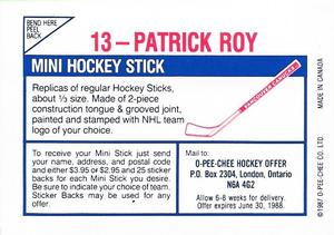 1987-88 O-Pee-Chee Stickers #13 Patrick Roy Back