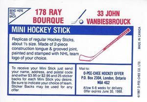 1987-88 O-Pee-Chee Stickers #33 / 178 John Vanbiesbrouck / Ray Bourque Back