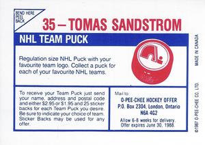 1987-88 O-Pee-Chee Stickers #35 Tomas Sandstrom Back