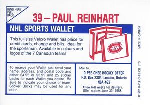 1987-88 O-Pee-Chee Stickers #39 Paul Reinhart Back
