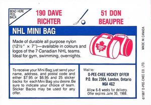 1987-88 O-Pee-Chee Stickers #51 / 190 Don Beaupre / Dave Richter Back