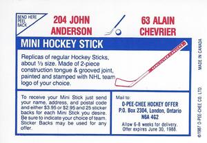 1987-88 O-Pee-Chee Stickers #63 / 204 Alain Chevrier / John Anderson Back