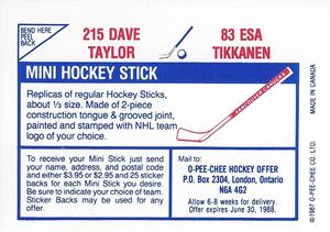 1987-88 O-Pee-Chee Stickers #83 / 215 Esa Tikkanen / Dave Taylor Back