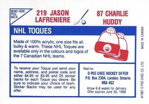 1987-88 O-Pee-Chee Stickers #87 / 219 Charlie Huddy / Jason Lafreniere Back