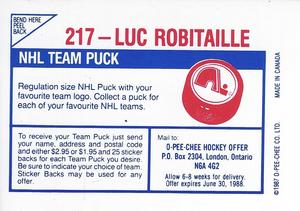 1987-88 O-Pee-Chee Stickers #217 Luc Robitaille Back