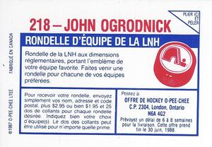 1987-88 O-Pee-Chee Stickers #218 John Ogrodnick Back