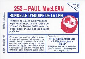 1987-88 O-Pee-Chee Stickers #252 Paul MacLean Back
