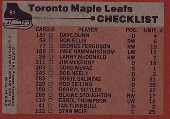 1975-76 Topps #91 Toronto Maple Leafs Back