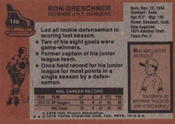 1975-76 Topps #146 Ron Greschner Back