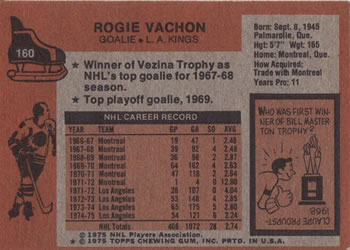 1975-76 Topps #160 Rogie Vachon Back