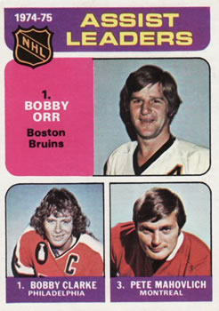 1975-76 Topps #209 1974-75 Assist Leaders (Bobby Orr / Bobby Clarke / Pete Mahovlich) Front